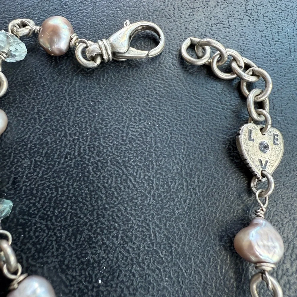 Elegant Sterling Silver Aquamarine & Pearl Bracelet by Alana Leigh Love Signed